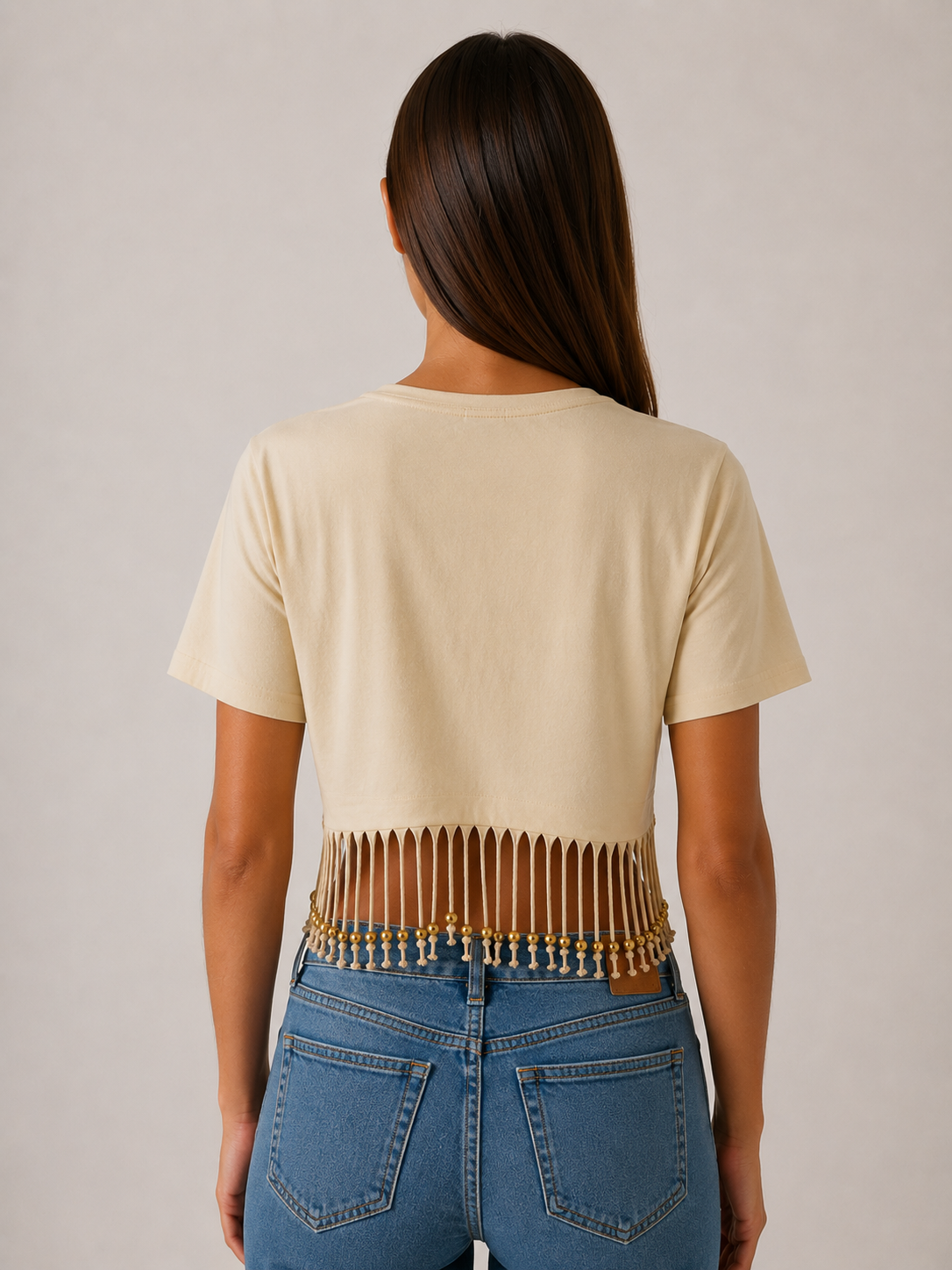 Ivory Cropped Fringe Top with Ring Detail