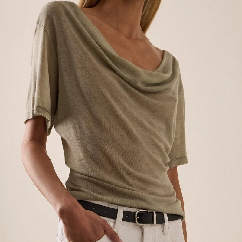 Sage Green Cowl-Neck Short-Sleeve Top