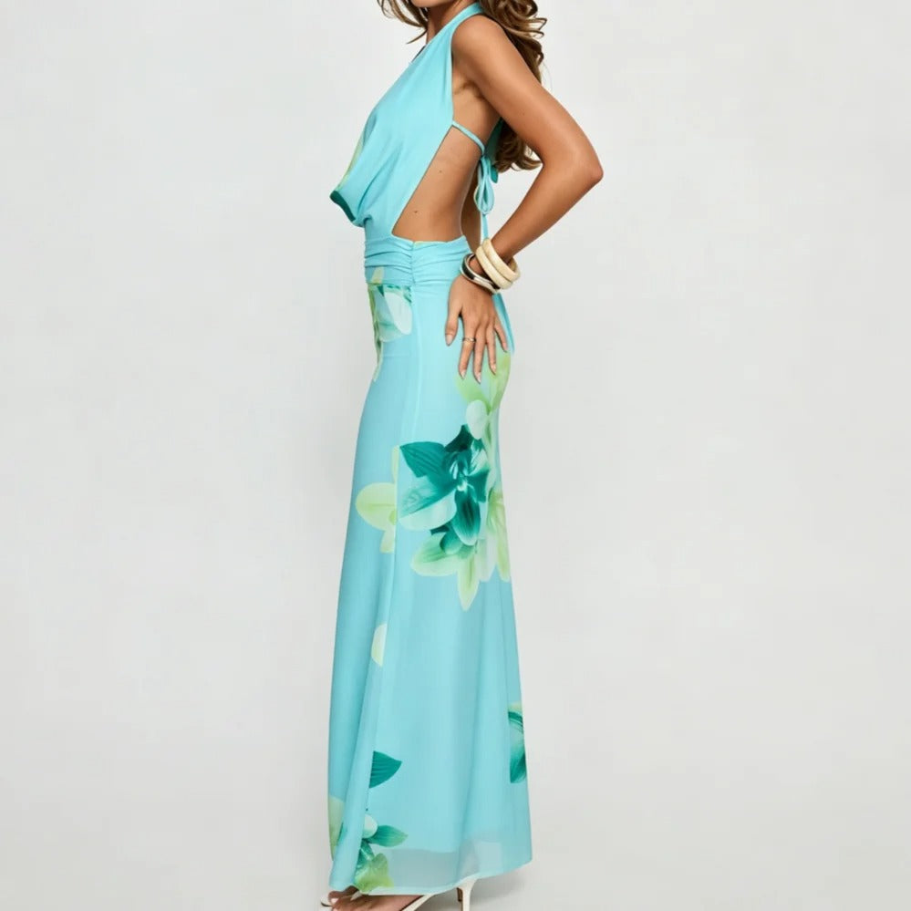 Aqua Blue Floral Halter Maxi Dress