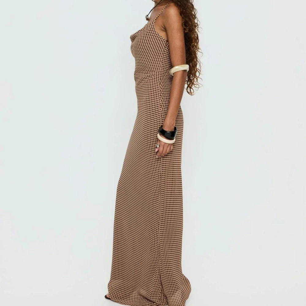 Brown Micro-Dot Cowl-Neck Maxi Dress