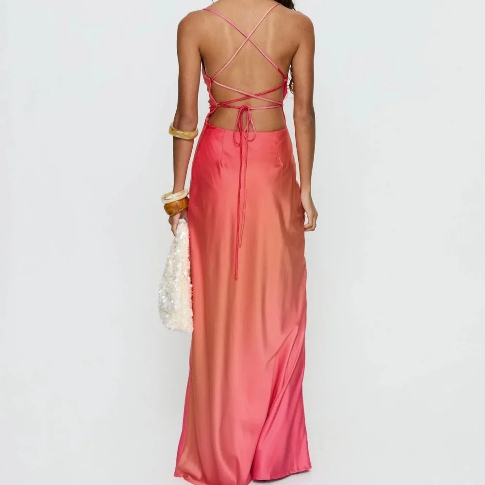 Coral Pink Satin Cowl-Neck Maxi Dress
