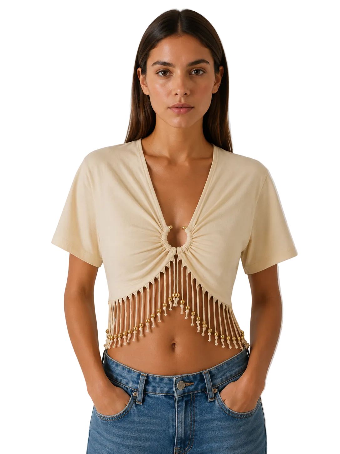 Ivory Cropped Fringe Top with Ring Detail