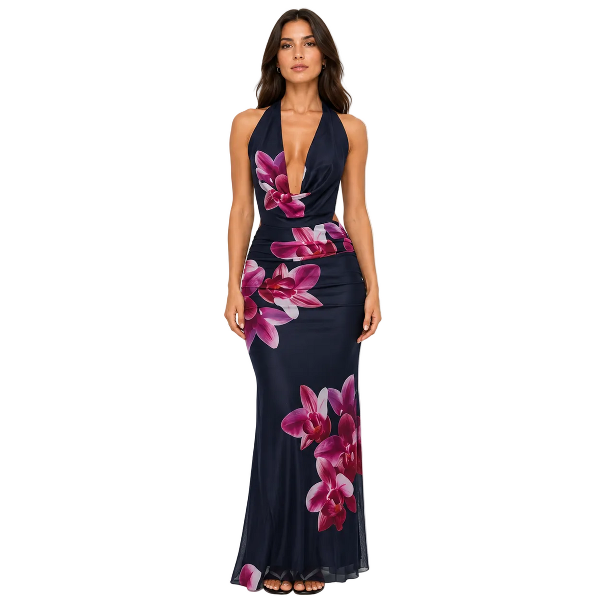Navy Floral Halter Maxi Dress with Open Back