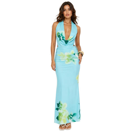 Aqua Blue Floral Halter Maxi Dress