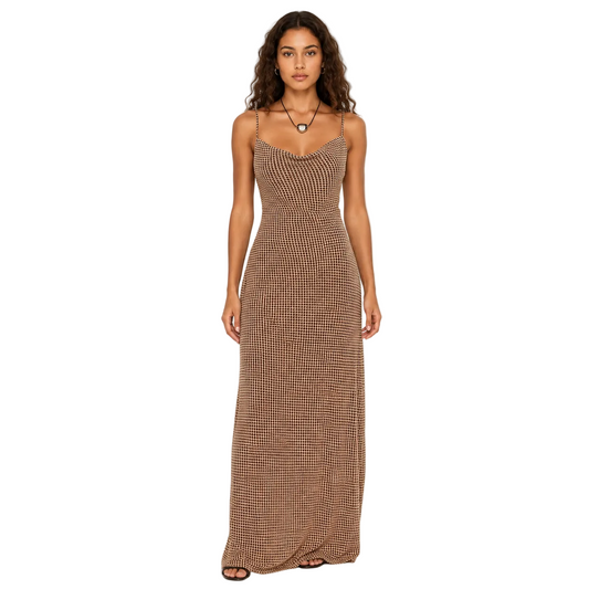Brown Micro-Dot Cowl-Neck Maxi Dress