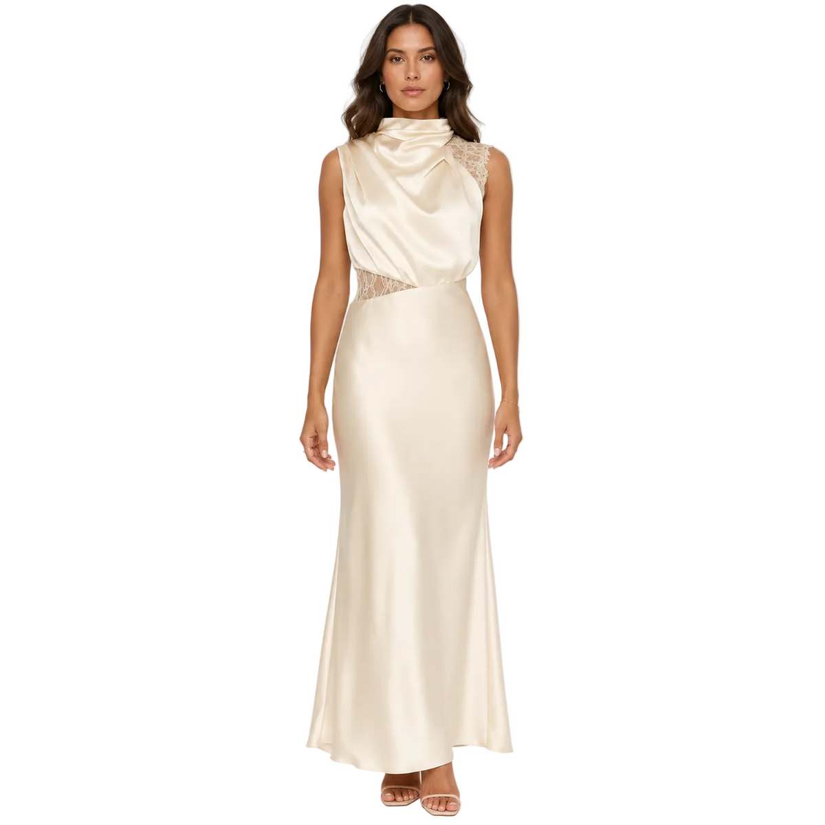 Ivory Satin Lace-Panel Maxi Dress