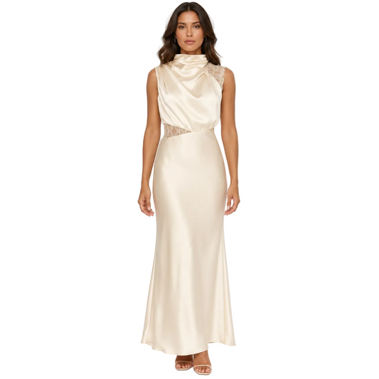 Ivory Satin Lace-Panel Maxi Dress