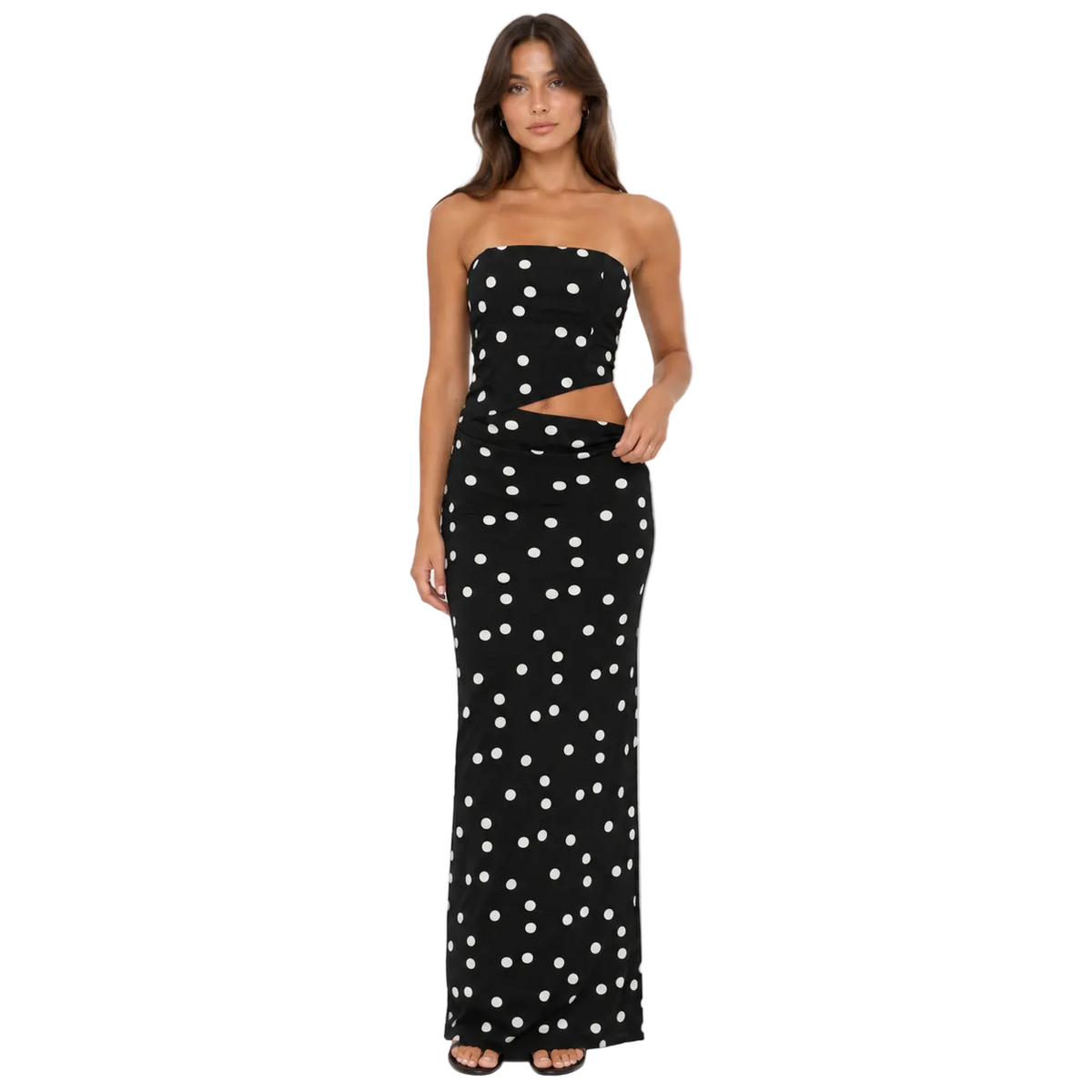 Black Polka Dot Strapless Maxi Dress with Waist Cutout