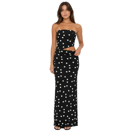 Black Polka Dot Strapless Maxi Dress with Waist Cutout
