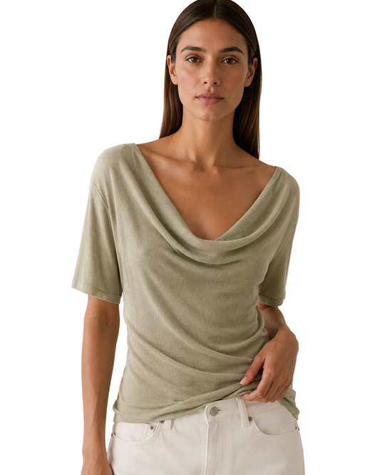 Sage Green Cowl-Neck Short-Sleeve Top