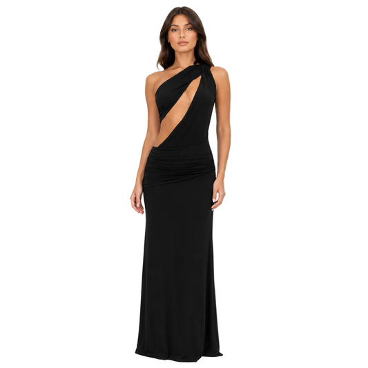 Black Asymmetric Cutout One-Shoulder Maxi Dress