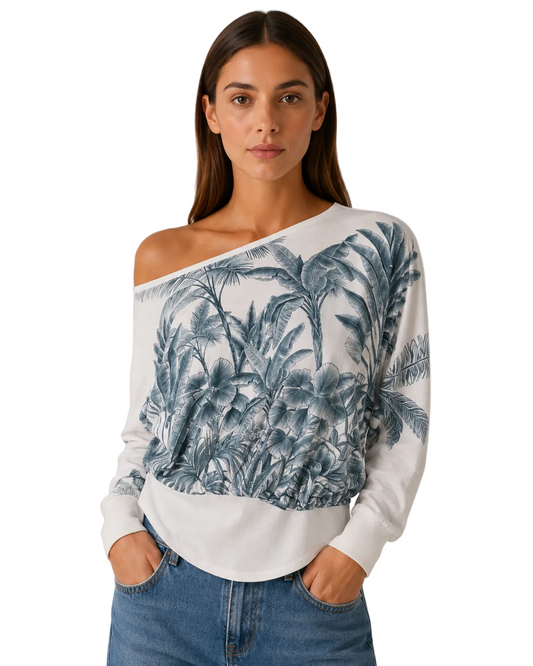 White Tropical Print Off-Shoulder Blouse