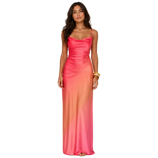 Coral Pink Satin Cowl-Neck Maxi Dress