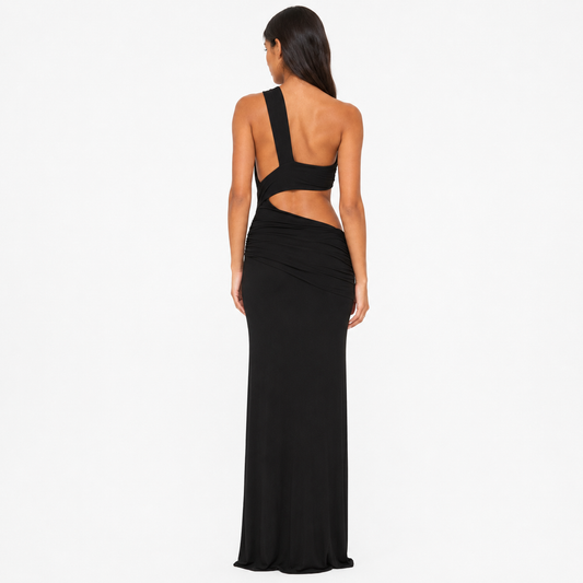 Black Asymmetric Cutout One-Shoulder Maxi Dress