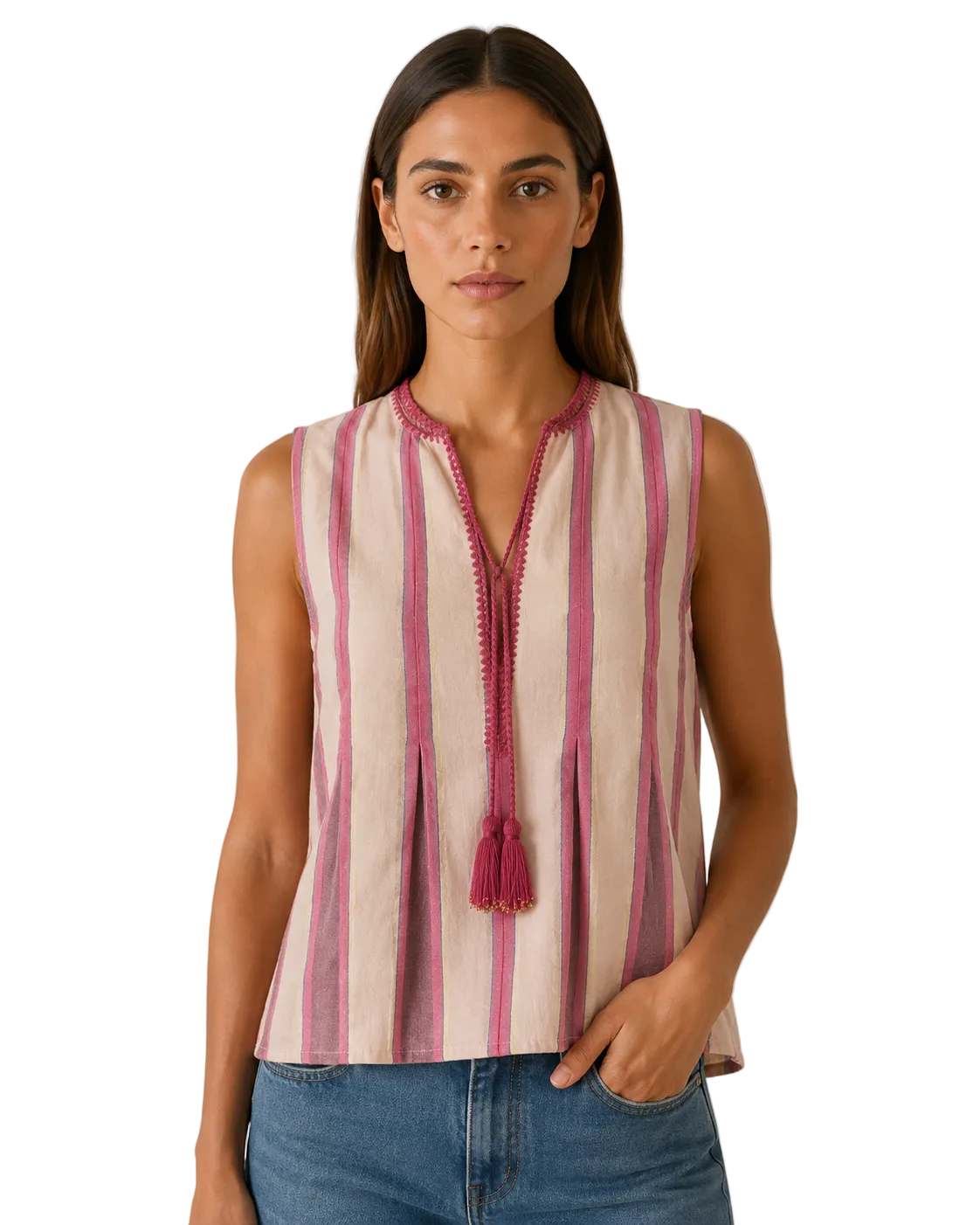 Pink and Beige Striped Sleeveless Tassel Top