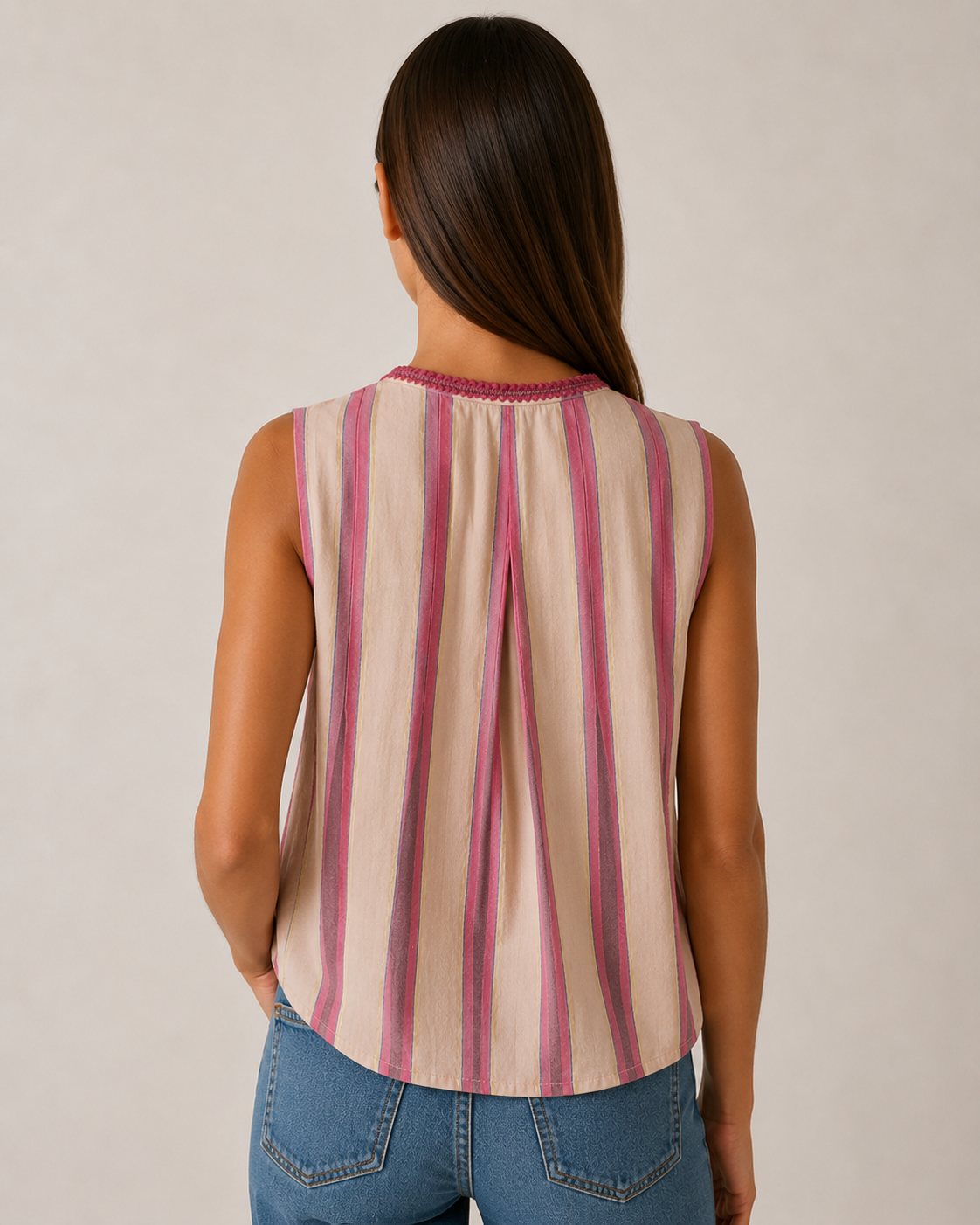 Pink and Beige Striped Sleeveless Tassel Top