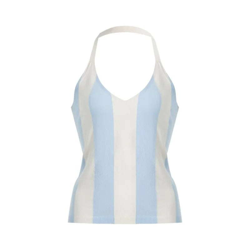 Light Blue and White Striped Halter Top