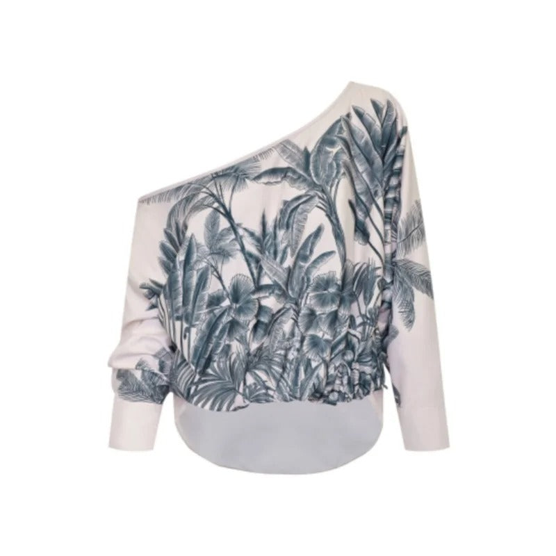 White Tropical Print Off-Shoulder Blouse