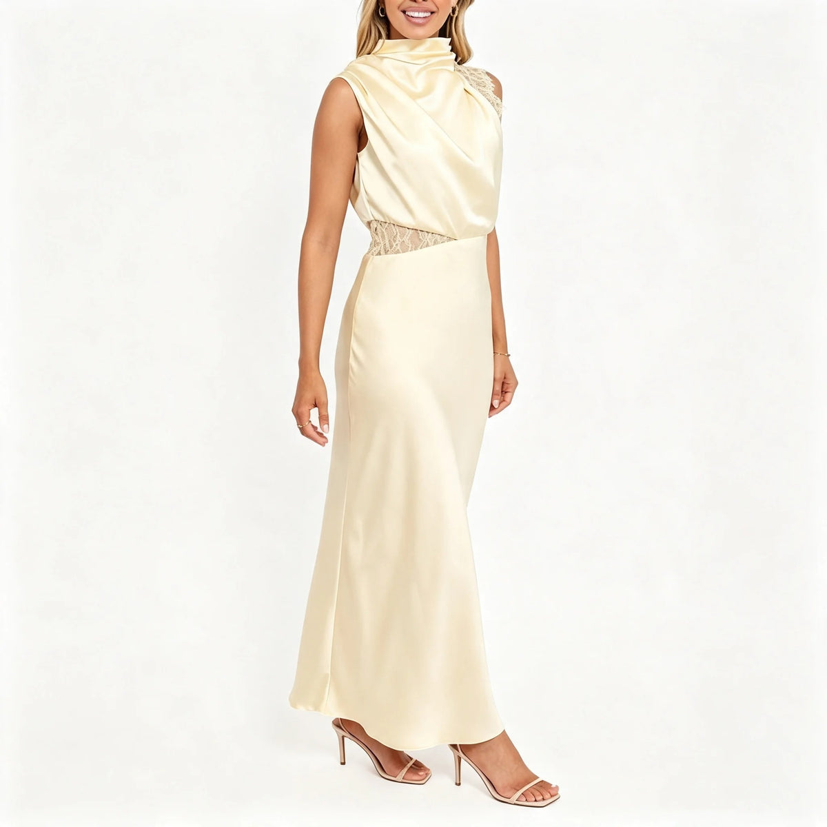 Ivory Satin Lace-Panel Maxi Dress