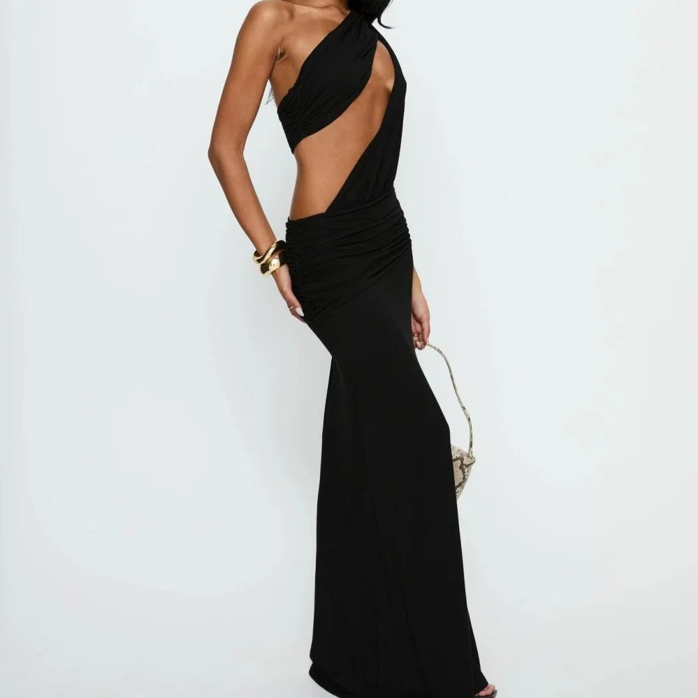 Black Asymmetric Cutout One-Shoulder Maxi Dress