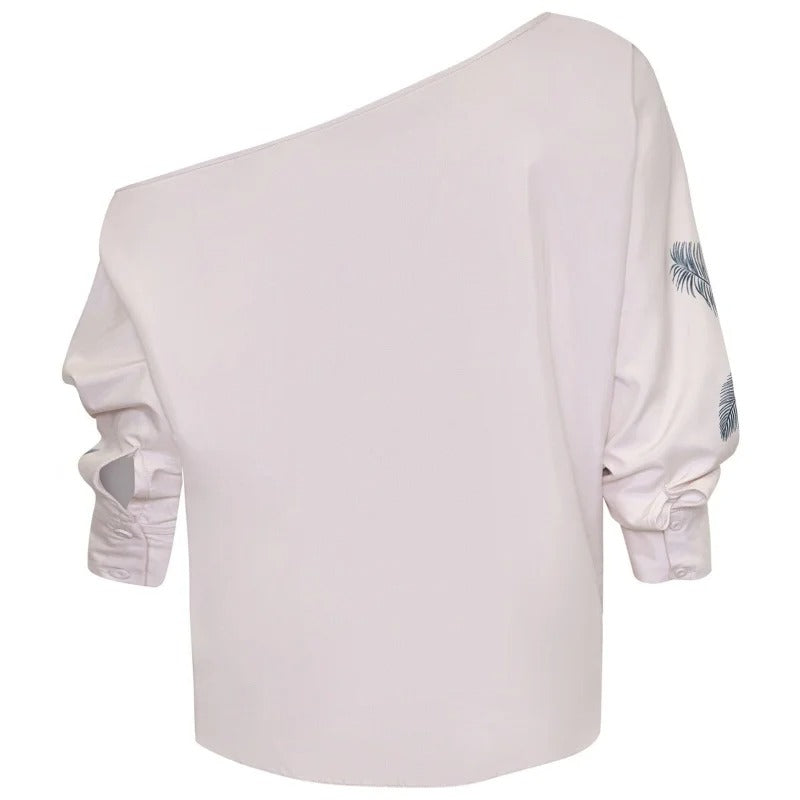 White Tropical Print Off-Shoulder Blouse