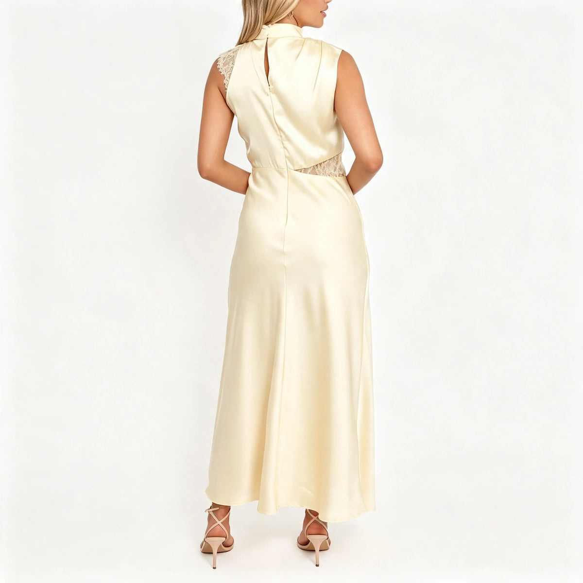 Ivory Satin Lace-Panel Maxi Dress