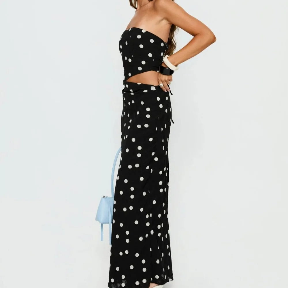 Black Polka Dot Strapless Maxi Dress with Waist Cutout