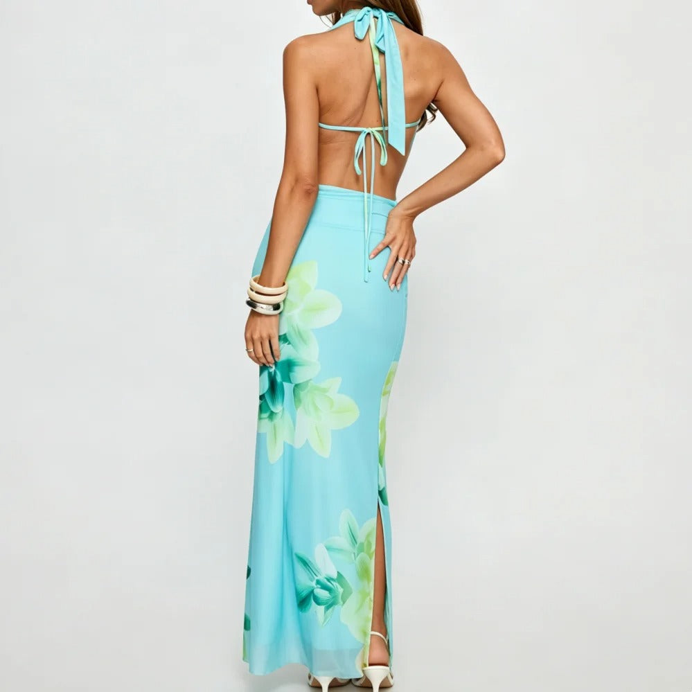 Aqua Blue Floral Halter Maxi Dress