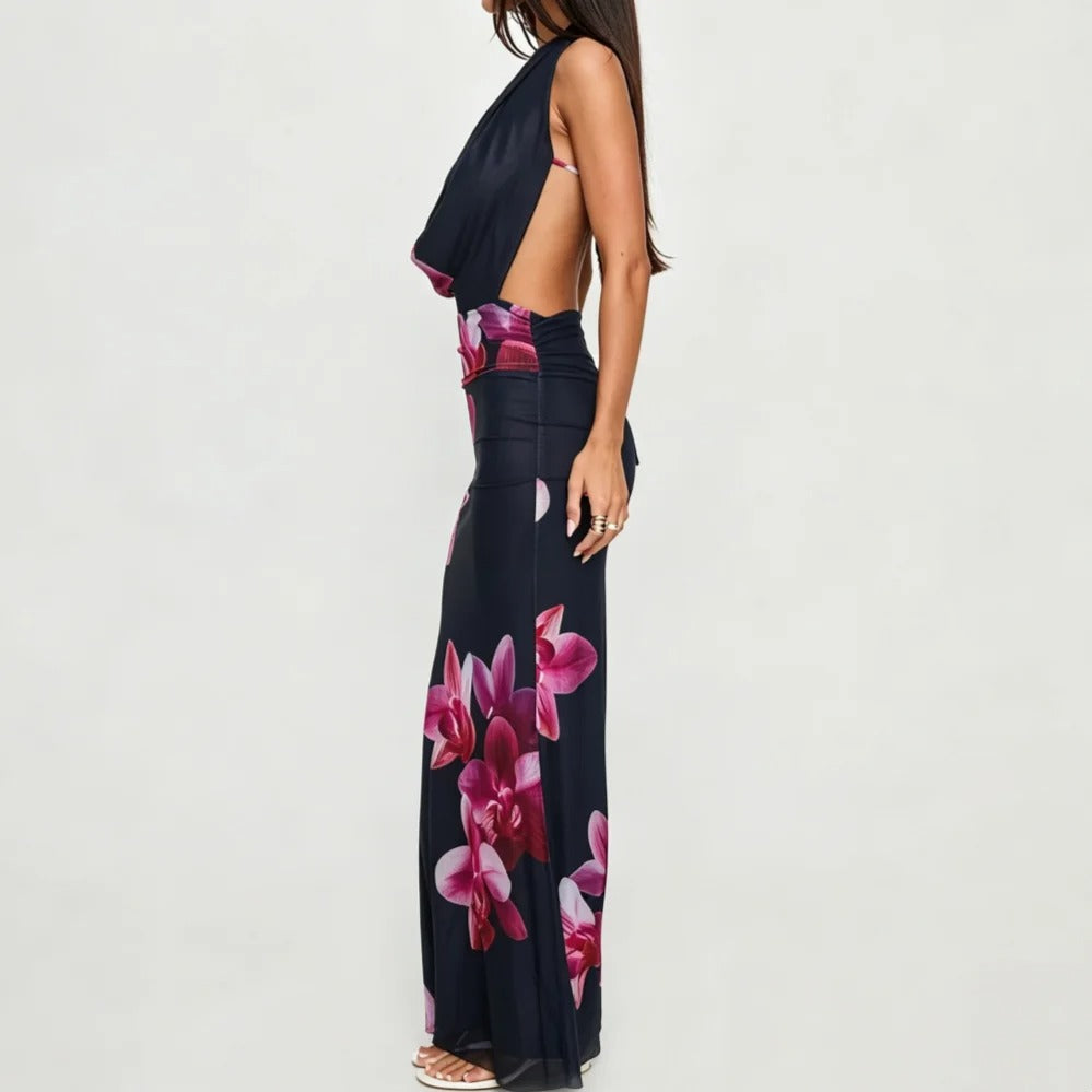 Navy Floral Halter Maxi Dress with Open Back