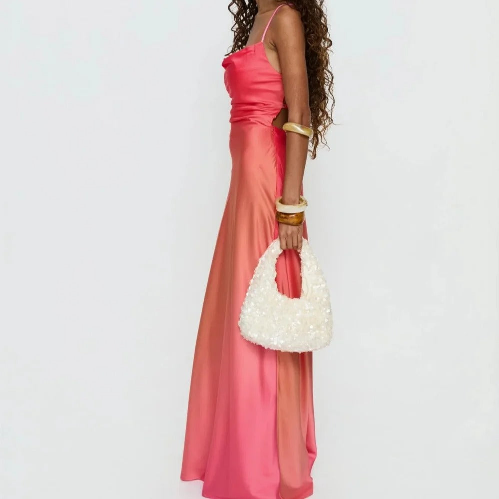Coral Pink Satin Cowl-Neck Maxi Dress