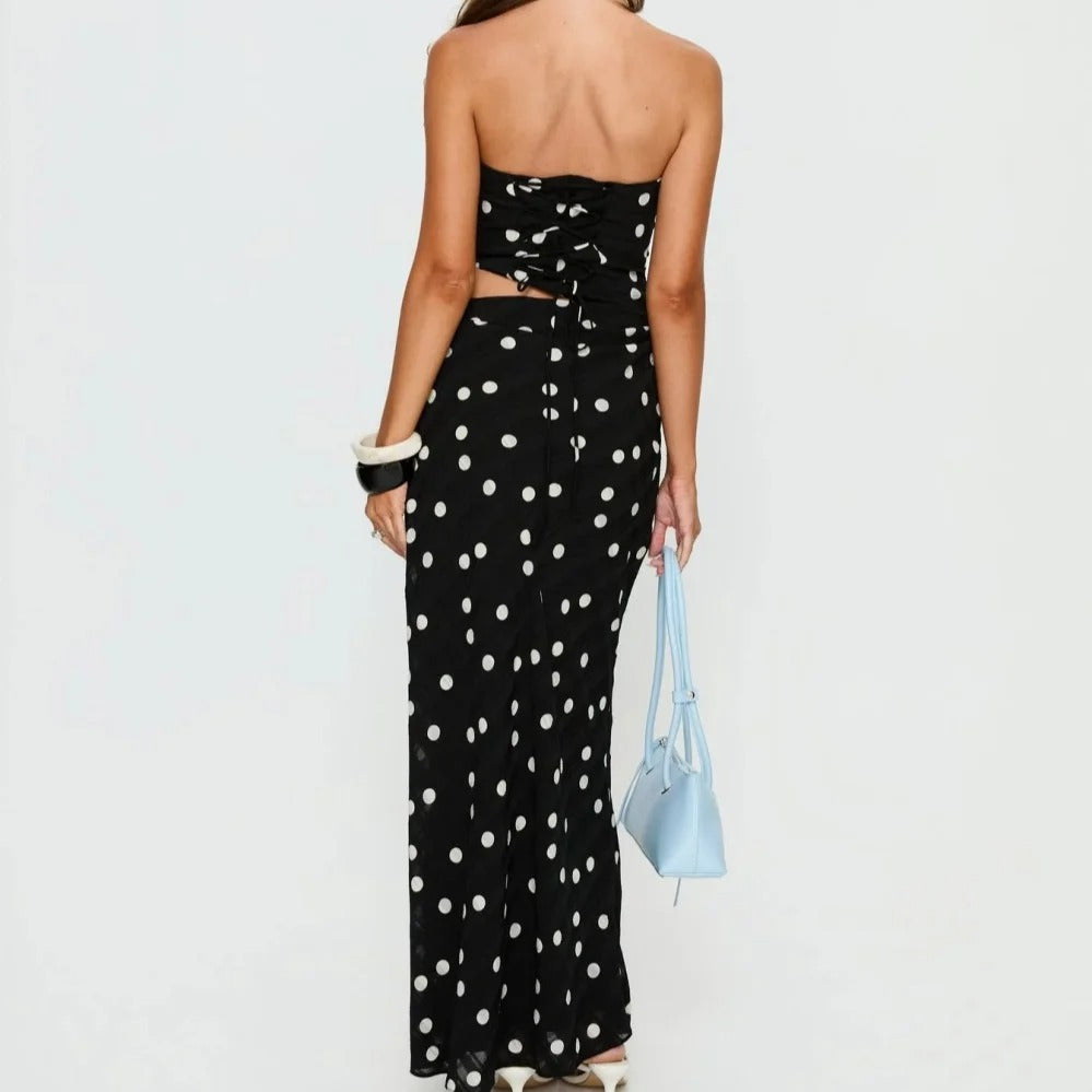 Black Polka Dot Strapless Maxi Dress with Waist Cutout