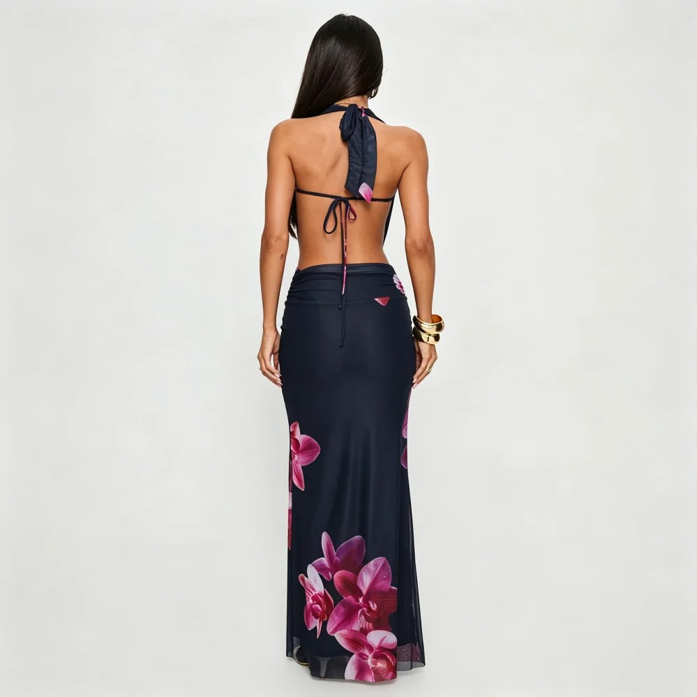 Navy Floral Halter Maxi Dress with Open Back