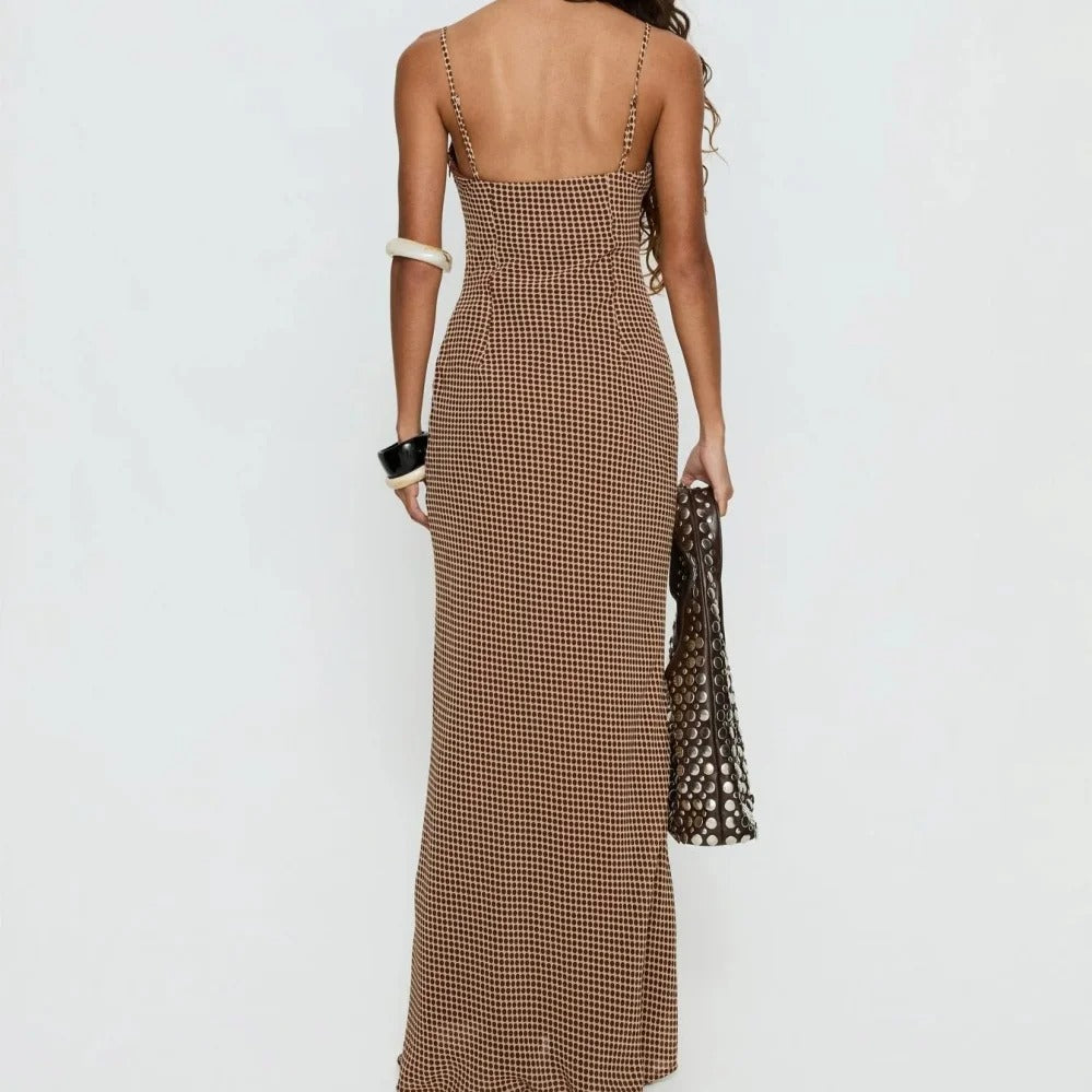 Brown Micro-Dot Cowl-Neck Maxi Dress